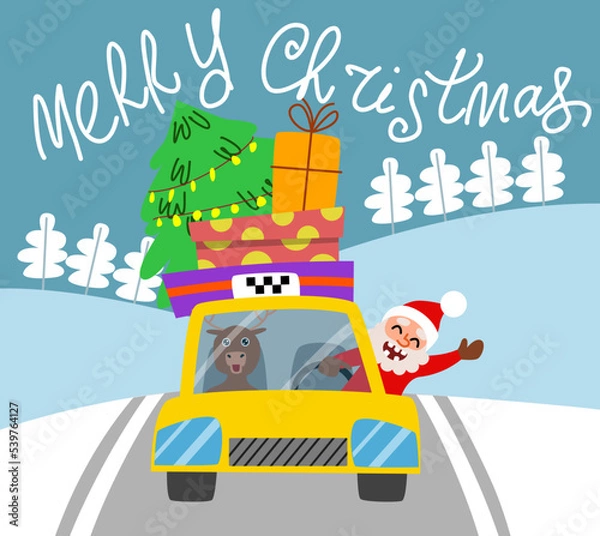 Fototapeta Merry Christmas greeting card. A yellow Christmas taxi with a tree and gifts is driving down the road. Front view. Vector illustration in a flat style.