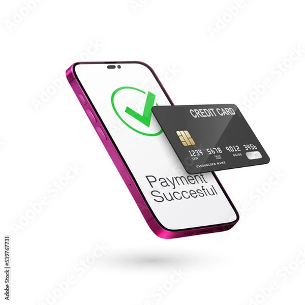 Fototapeta Vector 3d Realistic Pink Smartphone, Credit Card, Wi-Fi Successful Payment. Concept of Payment for Purchases by Card, Online Shopping. Design Template, Bank POS Terminal, Mockup. Processing NFC Device