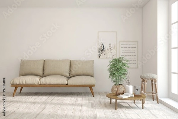 Fototapeta White living room with sofa. Scandinavian interior design. 3D illustration