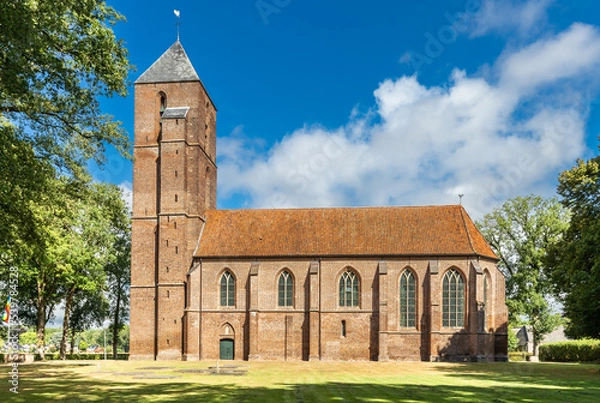 Fototapeta Summer landscape with historic landmark the Clemenskerk outside the village center of Havelte in the Dutch province of Drenthe surrounded with old oak trees and a lawn in the foreground