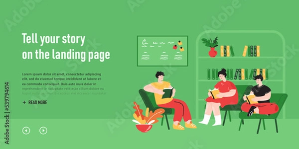 Fototapeta Group of students books in classroom together. Teenagers sitting in chairs and studying flat vector illustration. School, college, education concept for banner, website design or landing web page