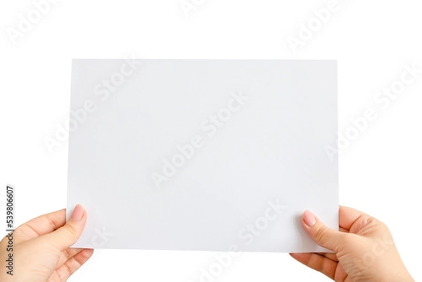 Fototapeta Empty space for text. A female hands holding card isolated on a white background.