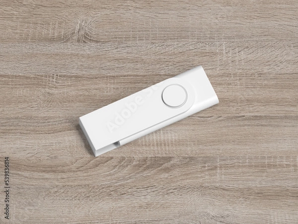 Fototapeta 3D illustration. White pendrive isolated on wodden background