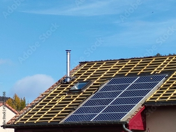 Obraz Works on roof -Solar panels and chimney