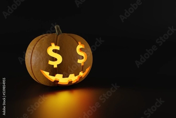 Obraz Orange pumpkin for Halloween with a scary smile and glowing eyes in the shape of a dollar sign on a dark, trick or treat theme with a place for text, 3d rendering