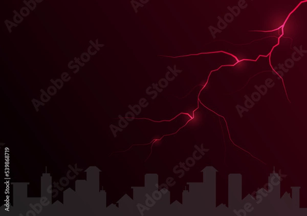 Fototapeta lightning and thunderstorm over the buildings in the night sky of city, red illuminated path of thunder sparks light on background, climate change, creative design background, vector illustration with