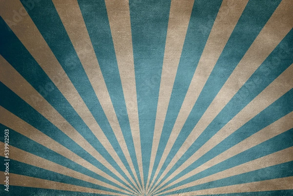 Fototapeta Retro circus grunge background with empty space on blue colorful stripes, radial pattern with sunbeam carnival background