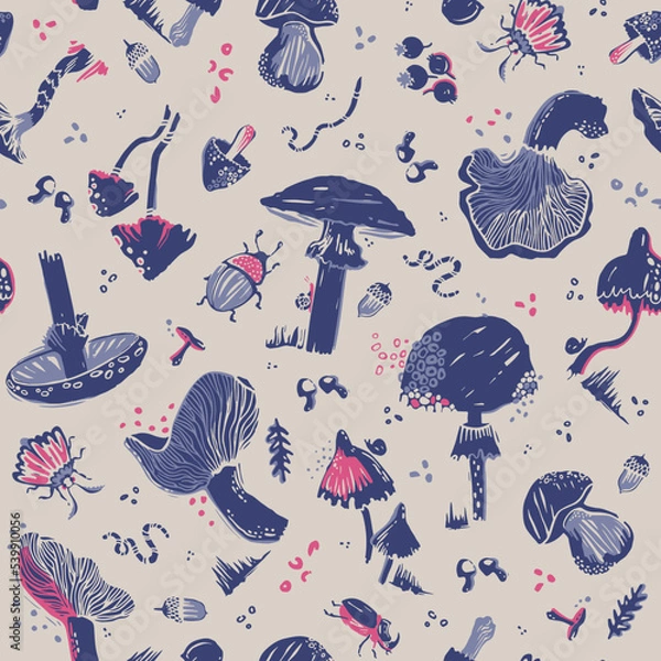 Fototapeta Seamless pattern with mushrooms. Silhouette graphics on a forest theme: leaves, beetles, moth, earthworm, berry, acorn, snail. Fly agaric, chanterelle, grebe, porcini mushroom in pastel lilac tones.