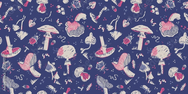 Fototapeta Seamless pattern with mushrooms. Silhouette graphics on a forest theme: leaves, beetles, moth, earthworm, berry, acorn, snail. Fly agaric, chanterelle, grebe, porcini mushroom in pastel lilac tones.