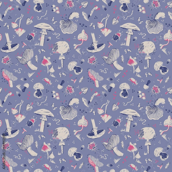 Fototapeta Seamless pattern with mushrooms. Silhouette graphics on a forest theme: leaves, beetles, moth, earthworm, berry, acorn, snail. Fly agaric, chanterelle, grebe, porcini mushroom in pastel lilac tones.