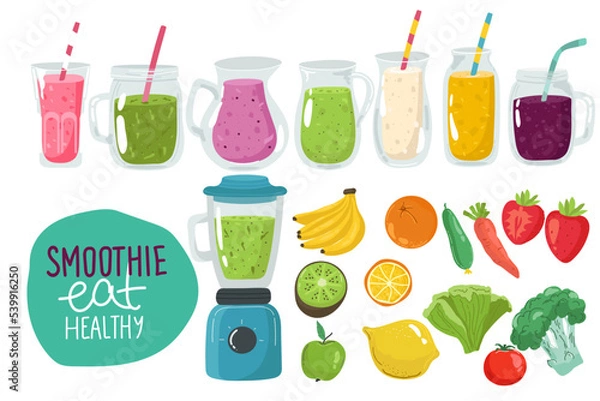 Fototapeta Drinks with fresh fruits,berries.Juices with pieces strawberry,blueberry and mango.Healthy detox. Set cold jars with tasty smoothies for hot season.Bright template for design. Vector illustration