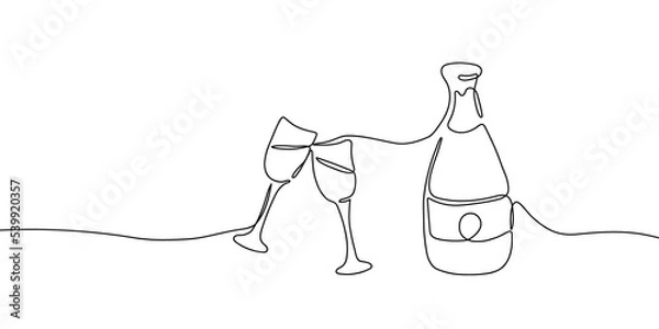 Fototapeta Continuous one line drawing of champagne bottle and glasses. Concept of cheers, toast, holiday in line art style. Png illustration on transparent background