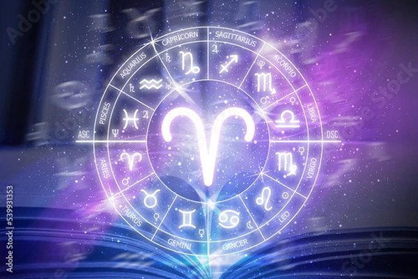 Fototapeta Aries zodiac sign. Aries icon on blue space background. Zodiac circle