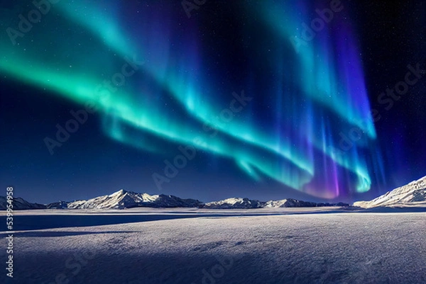 Fototapeta Aurora borealis on the Norway. Green northern lights above mountains. Night sky with polar lights. Night winter landscape with aurora and reflection on the water surface. Natural back