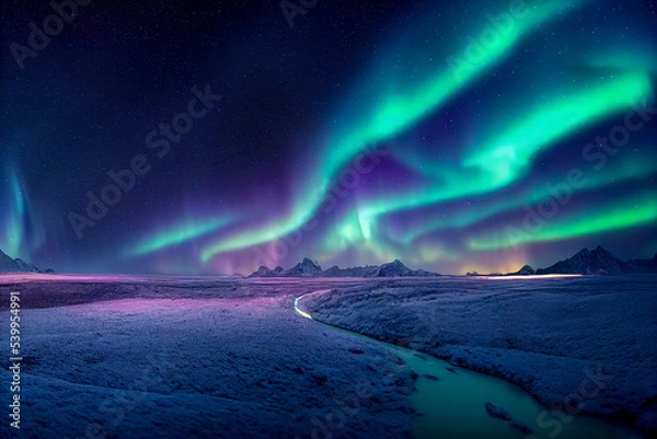 Fototapeta Aurora borealis on the Norway. Green northern lights above mountains. Night sky with polar lights. Night winter landscape with aurora and reflection on the water surface. Natural back