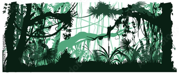 Fototapeta Impenetrable bowl. Jungle rainforest. Nature landscape silhouette. Bamboo and palm trees. Dense tropical thickets. Isolated on white background. Vector.