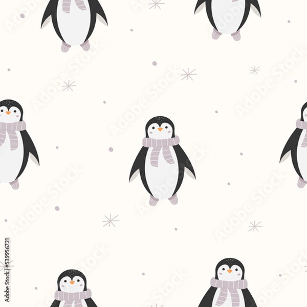 Fototapeta Christmas seamless pattern with cute penguin in scarf and slippers. A traditional December print with a funny animal. Arctic penguin and snowflakes. Baby holiday background.