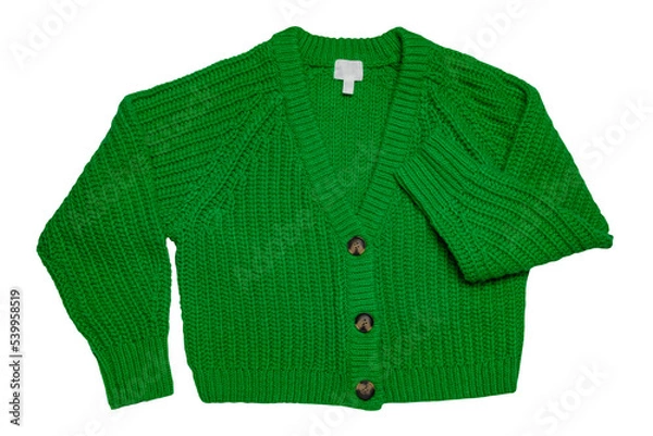 Fototapeta Casual elegant fluffy long-sleeved cardigan with V-neck and button closure isolated on a white background. Womens green sweater or jumper. Autumn and winter fashion.