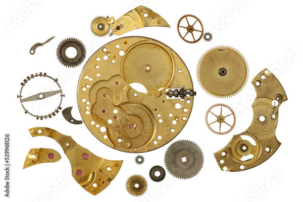 Fototapeta Disassembled clockwork mechanism - various part of clockwork mechanism on transparent background