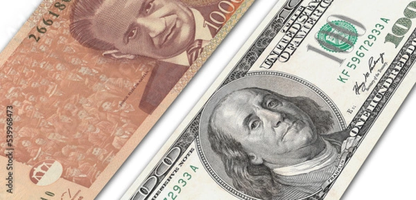 Fototapeta Colombian peso and US 100 bill. Close up Colombian banknotes and US banknotes. 3D render