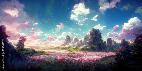 Fototapeta WIde Angle Japanese Anime Landscape Background. Clear Sky with Dynamic Sunlight See Through Sakura Cloud. Sakura Tree. Beautiful Wildness Fantasy Scenery.