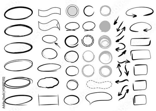 Fototapeta Hand drawn illustration set of speech bubbles and vector arrows set on white background