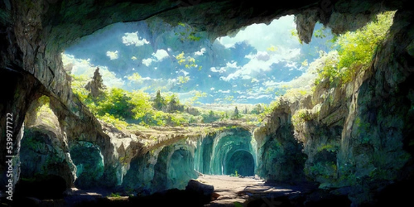 Fototapeta WIde Angle Japanese Anime Landscape Background. Clear Sky with Dynamic Cloud. Secret Fairytale Sacred Cave. Beautiful Scenery.