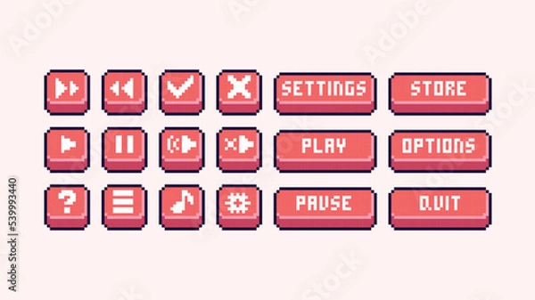 Fototapeta Interface menu buttons pixel art set. Menu panel collection. Play, pause, store, settings, options, quit. 8 bit sprite. Game development, mobile app. Isolated vector illustration.