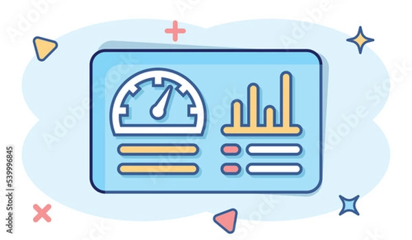 Fototapeta Dashboard icon in comic style. Finance analyzer cartoon vector illustration on white isolated background. Performance algorithm splash effect business concept.