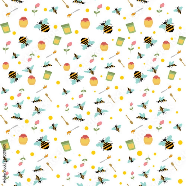 Fototapeta Seamless vector pattern with bees and honey