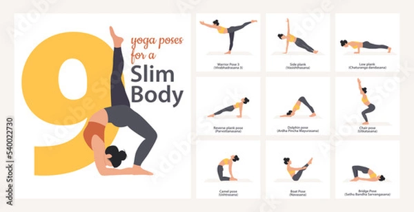 Obraz Beautiful woman demonstrating yoga poses. Set of yoga asanas with names in English and Sanskrit for a slim body. Yoga sequence vector design.