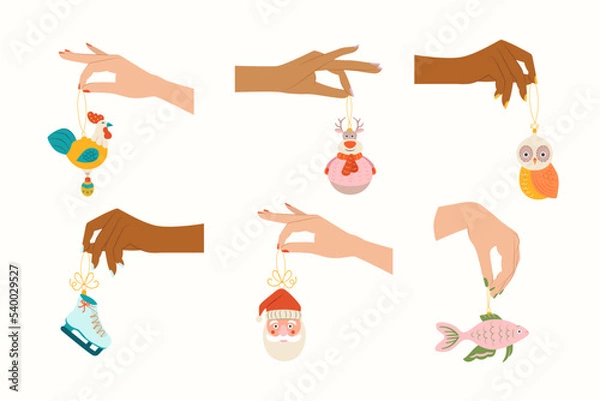 Obraz Christmas vector card with hands and winter festive decorations. Flatlay illustrations. New year happy background