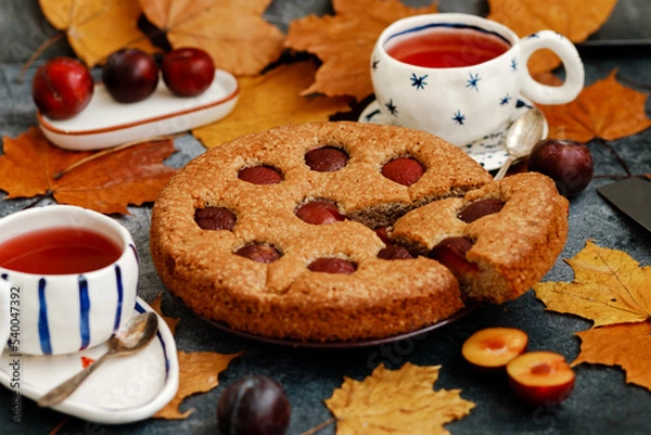 Fototapeta Plum pie. Delicious pie on a concrete table. Autumn design