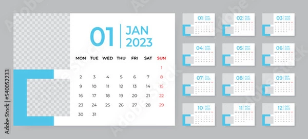 Fototapeta Monthly desk calendar template for 2023 year. Week starts on Monday