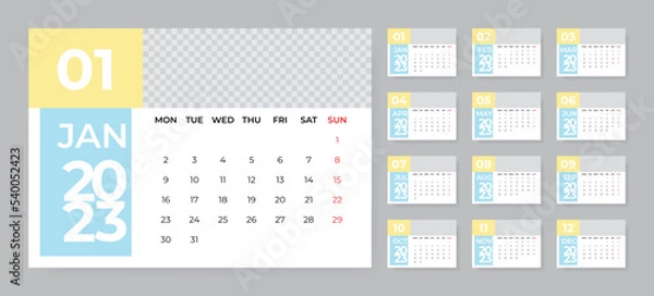 Fototapeta Monthly desk calendar template for 2023 year. Week starts on Monday
