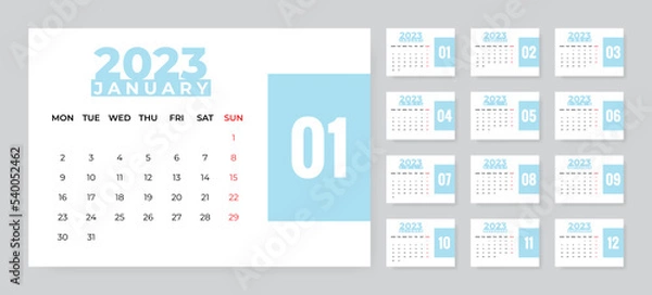 Fototapeta Monthly desk calendar template for 2023 year. Week starts on Monday