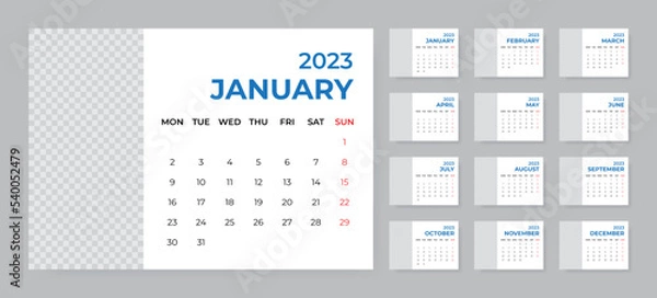 Fototapeta Monthly desk calendar template for 2023 year. Week starts on Monday