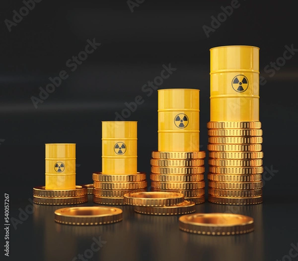 Fototapeta Yellow radioactive barrels and stacks of gold coins, growth concept, 3d render