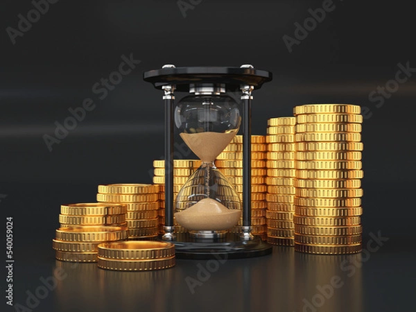 Fototapeta Hourglass and a stack of gold coins on a black background, 3d render