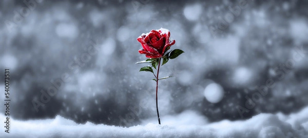 Fototapeta A computer generated single red rose stem growing up through snow against a blurred winter background, 3D illustration. A.I. generated art.