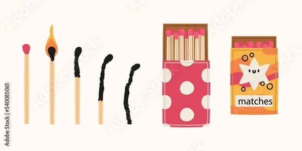 Fototapeta 2 bright matchboxes. Hand draw design style. Vector illustration isolated on white background.Burning match animation. Burn matches stages.Burned flame matchstick row wood ignition flammable stick 