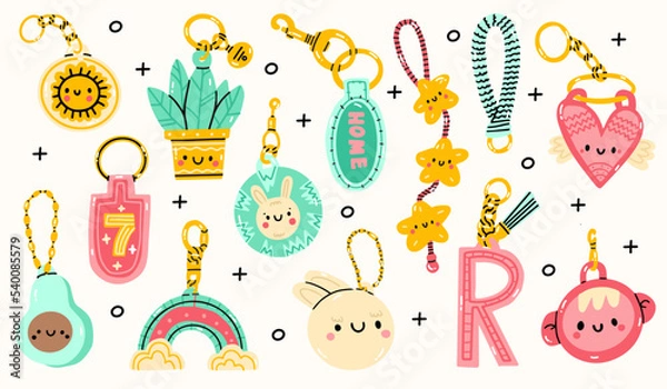 Fototapeta Set of various different Keychains. Keyholders and keyrings collection. Modern keys with pendants. Hand drawn Kawaii Vector illustration. Home rental, property, real estate concept. 