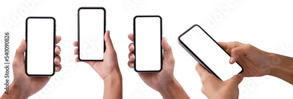 Obraz Hand holding phone PNG set with smartphone blank screen and modern frameless design, hold Mobile phone on transparent background Ideal for marketing, app design