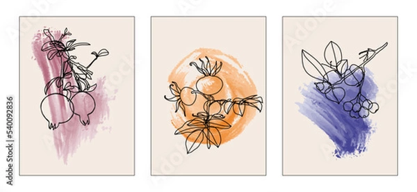 Fototapeta Abstract foliage for cards, covers, wall art or posters, living room and office decor. Pastel colors backgrounds. Set of 3 hand drawing vector illustrations. Brush stroke on background.