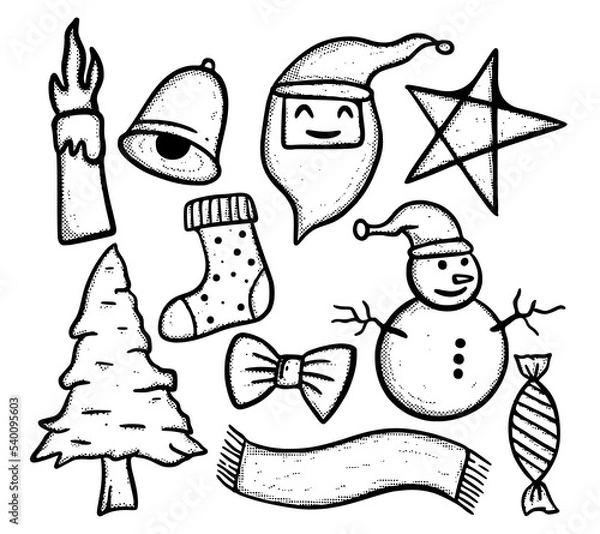 Fototapeta Christmas Collection set Doodle Illustration hand drawn cartoon sketch for tattoo, stickers, etc