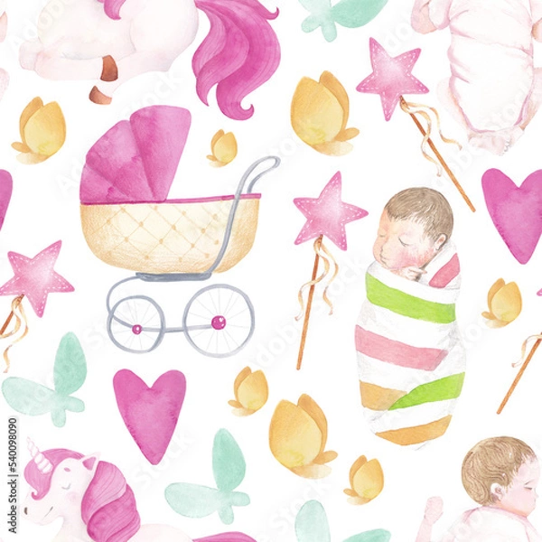 Fototapeta Soft watercolor girlish pattern with newborns, unicorns, magic wands and carriage. Gentle pastel elements