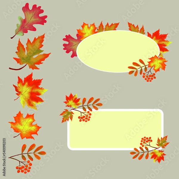 Fototapeta red and yellow autumn leaves and a rectangular and oval frame with foliage