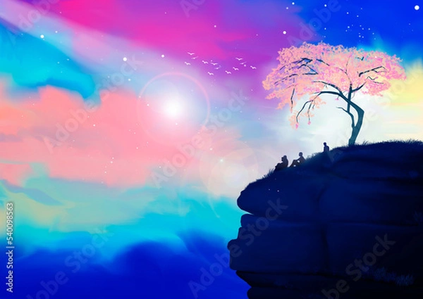 Obraz Beautiful colorful nature landscape view. Tree on cliff and colorful sky background. Digital art.