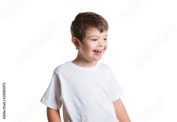 Fototapeta A child boy posing on studio white background
