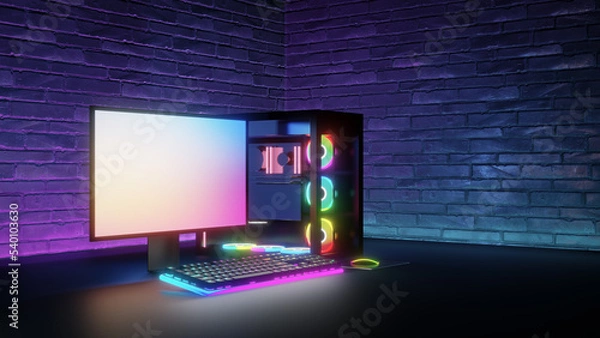 Fototapeta Game room computer desktop with blue purple lights on brick wall, Modern PC computer white screen mockup, gaming keyboard. 3d rendering illustration